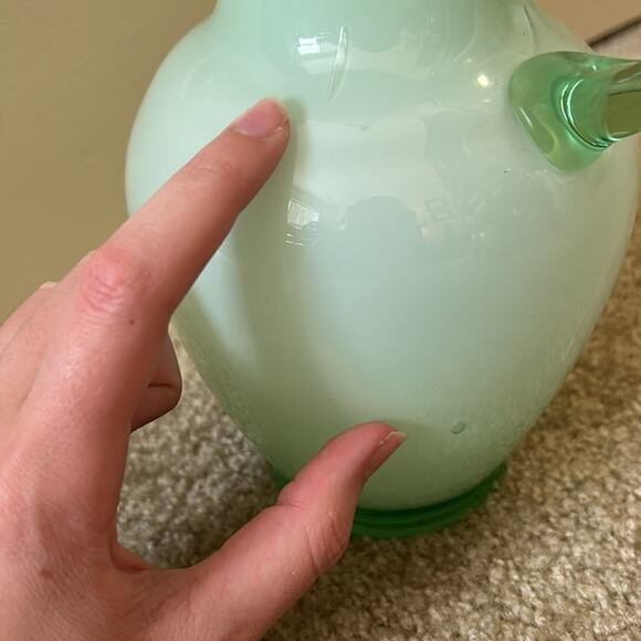 Mouth Blown Cased Green and White Glass Pitcher 9” Light green glass with white - Picture 4 of 6